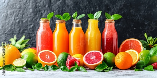 A vibrant display of juicy, citrus fruits and refreshing bottles of natural, vegan juice, bursting with tangy flavors like grapefruit, mandarin orange, and lime, showcasing the beauty and nourishment