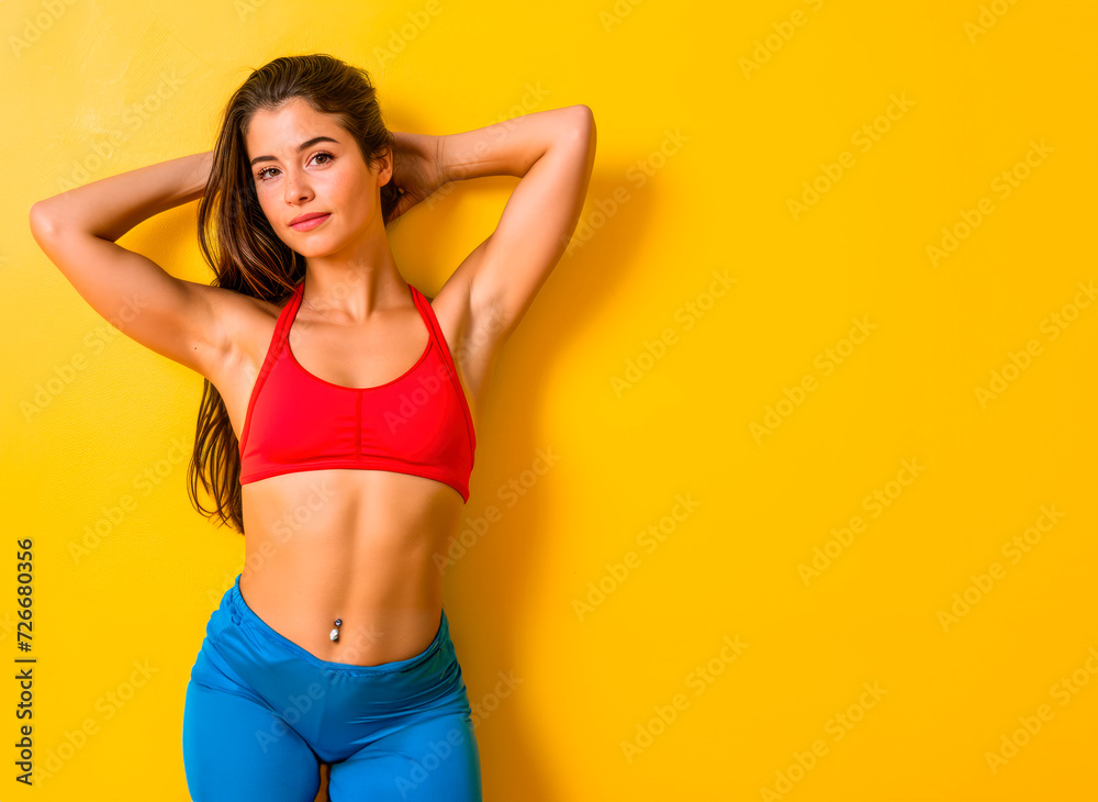 A Happy Young Woman in Red and Blue Against a Luminous Yellow Background - Embracing the Vibrant Colors of Spain, Colombia, and Venezuela. Ample Copy Space for Your Positive Message A Happy Young Woman in Red and Blue Against a Luminous Yellow Background - Embracing the Vibrant Colors of Spain, Colombia, and Venezuela. Ample Copy Space for Your Positive Message