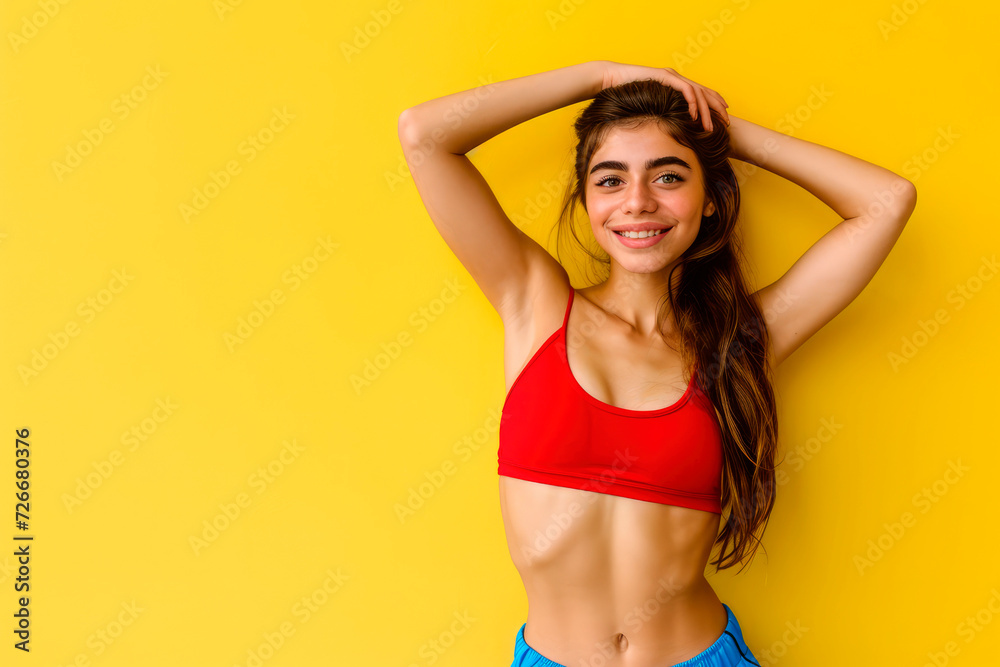 A Happy Young Woman in Red and Blue Against a Luminous Yellow Background - Embracing the Vibrant Colors of Spain, Colombia, and Venezuela. Ample Copy Space for Your Positive Message A Happy Young Woman in Red and Blue Against a Luminous Yellow Background - Embracing the Vibrant Colors of Spain, Colombia, and Venezuela. Ample Copy Space for Your Positive Message
