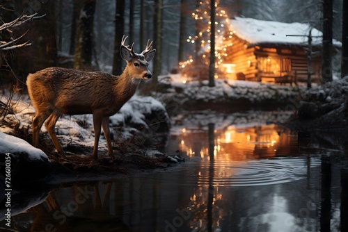 Beautiful deer in the winter forest. Deer in the forest.