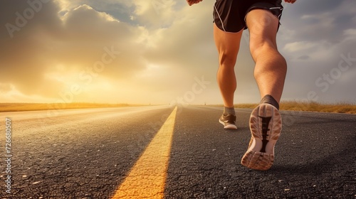 Male runner s legs sprinting on long desert road into stunning sunset with ample copy space