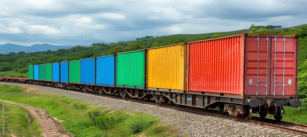 Shipping containers arriving at rail yard for logistic operations and transportation services Shipping containers arriving at rail yard for logistic operations and transportation services