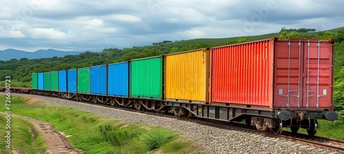 Shipping containers arriving at rail yard for logistic operations and transportation services