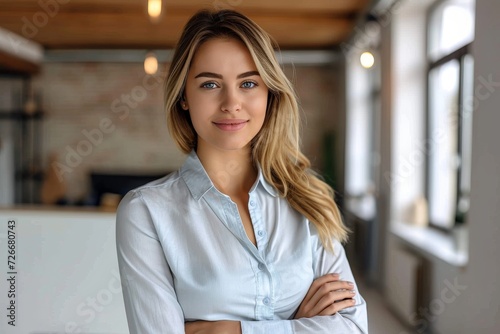 A confident woman stands against a plain wall, her arms crossed and a subtle smile on her face as she showcases her fashion sense in a stylish blouse and shirt