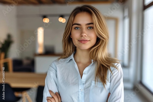 A confident young woman with long, layered hair stands in front of a window, her arms crossed and a smile on her face as she poses for a portrait in her stylish blouse and shirt, adding a touch of el