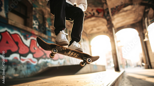 a skateboarder mid-trick against a gritty, textured backdrop