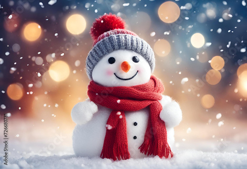 Winter holiday christmas background banner with cute funny laughing snowman with wool hat and scarf, on snowy snow snowscape and bokeh light