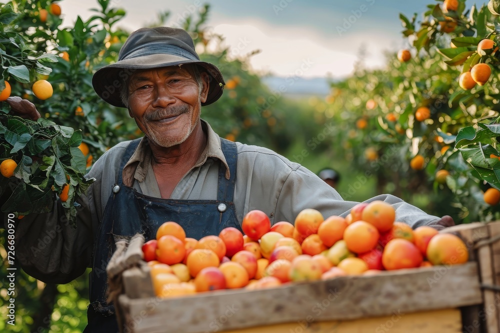 A man stands proudly outdoors, sporting a hat and holding a crate of vibrant, locally-grown tomatoes, embodying the essence of natural, whole food and vegan nutrition