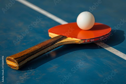 A solitary egg-shaped ball bounces precariously on the blue surface, awaiting the swift strike of a ping pong paddle in the intense indoor sport