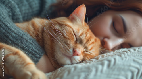 A young woman sleeps in bed with a ginger cat, Cat lying on bed with female, generative ai