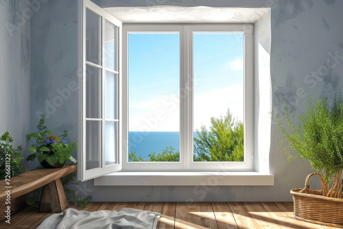 A tranquil scene unfolds through a window  revealing a stunning view of the ocean as a houseplant sits peacefully in a flowerpot  bathed in natural daylight and framed by a billowing sky and window b