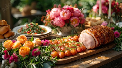 Bountiful Table With Food and Flowers