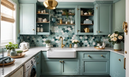 A cheerful laundry room adorned with shades of blue and green 
