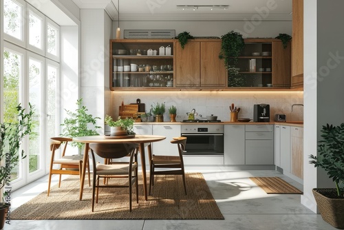 A cozy dining space nestled in a warm home  adorned with elegant cabinetry and a charming houseplant  surrounded by natural light and accented with a sleek countertop and chic furniture