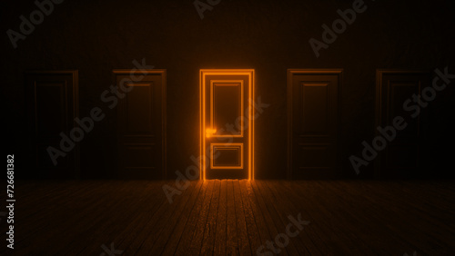 A row of orange neon closed doors