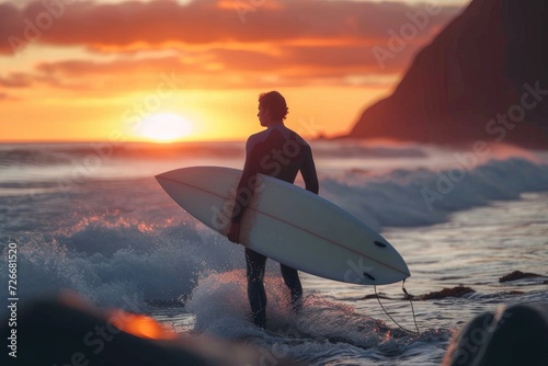 Amidst the crashing waves and glowing sky, a man stands with his surfboard, ready to conquer the endless ocean with his boardsport prowess photo