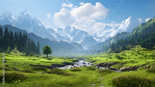 Panoramic view of the valley and mountains. Beautiful summer landscape