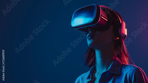 Cinematic professional image of young woman with VR headset. 