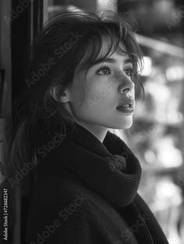 Close-up of a beautiful brunette woman with striking makeup, showcasing her youthful profile in a studio setting, black and white, studio light