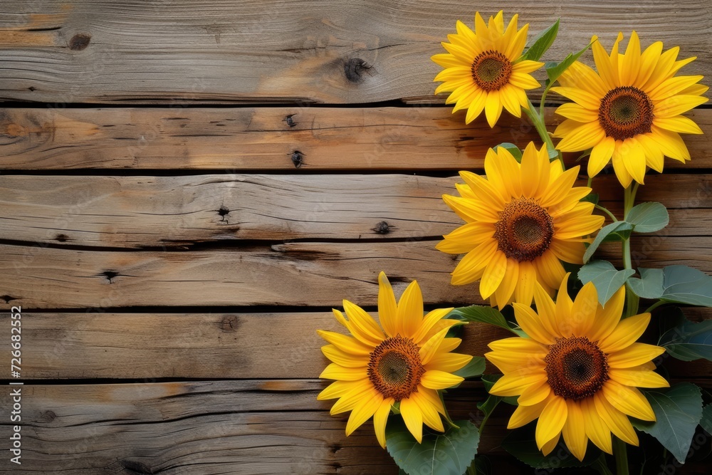 Obraz premium sunflowers on rustic wooden background many wooden slats