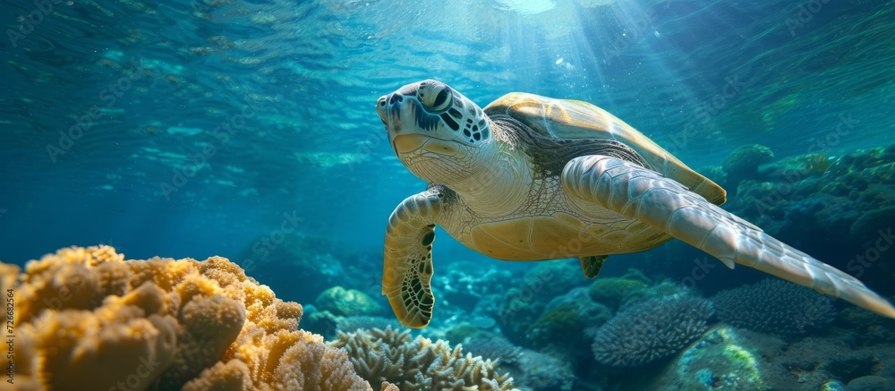 Obraz premium Tropical sea's cute green sea turtle in a blue water photo with underwater coral reef, showcasing a wild marine animal in its natural environment.