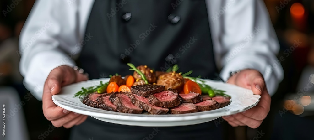 Waiter serving delicious meat dish at festive event or wedding reception restaurant with copy space