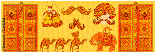 Culture of Rajasthan in Indian art style. Door drum camel  & Elephant in Rajasthan Style. Vector File. photo