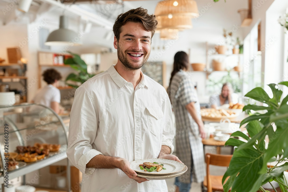 A Man Holding a Plate of Food in a Restaurant