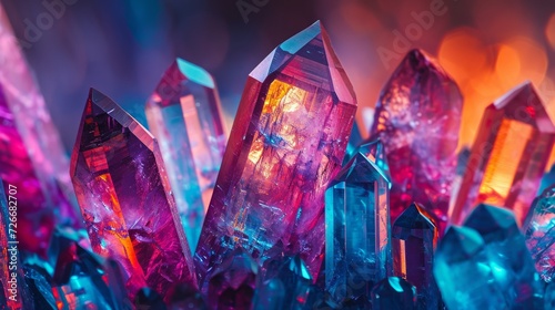 Crystals with diverse shapes, structures, and vibrant purple and pink colors, macro shot, wallpaper. photo