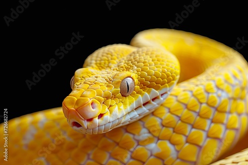 A striking mammal with scales of vibrant yellow slithers gracefully through the dark depths of the blackened earth, its coiled body resembling a majestic serpent of the elapidae family