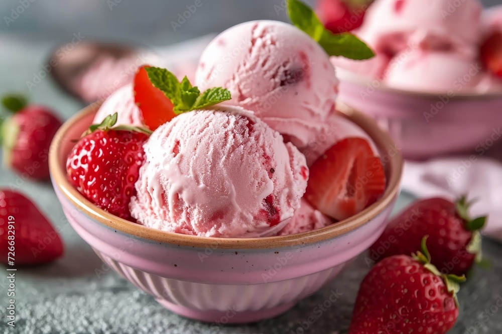 A delectable frozen treat awaits, with creamy ice cream and fresh strawberries, bursting with sweetness and nostalgia for summer days spent picking alpine and virginia strawberries from the vine A delectable frozen treat awaits, with creamy ice cream and fresh strawberries, bursting with sweetness and nostalgia for summer days spent picking alpine and virginia strawberries from the vine