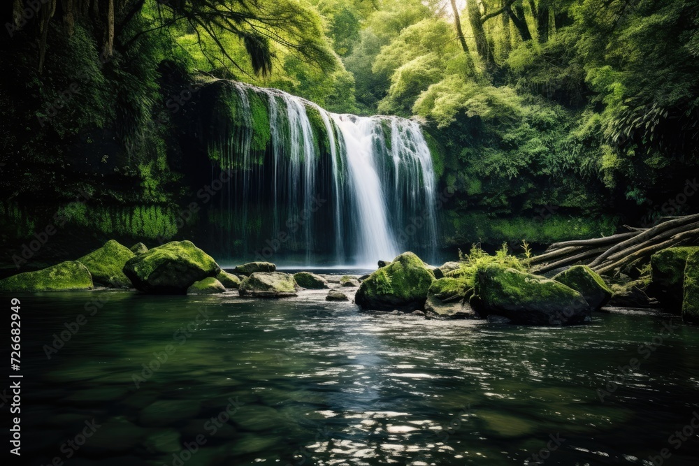 Mysterious waterfall cascading in lush green forest - serene nature scenery