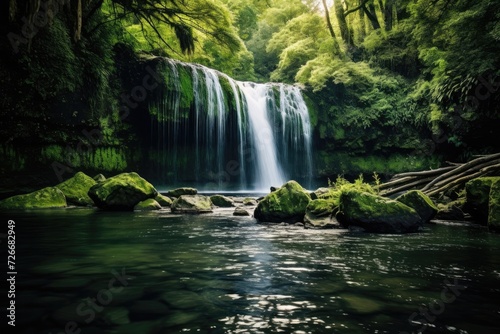 Mysterious waterfall cascading in lush green forest - serene nature scenery