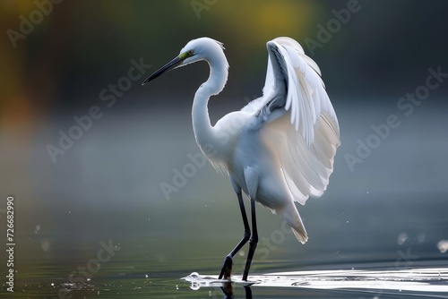 A majestic snowy egret gracefully stands in the tranquil waters, its sleek feathered form a symbol of untamed beauty in the midst of nature's serene embrace photo