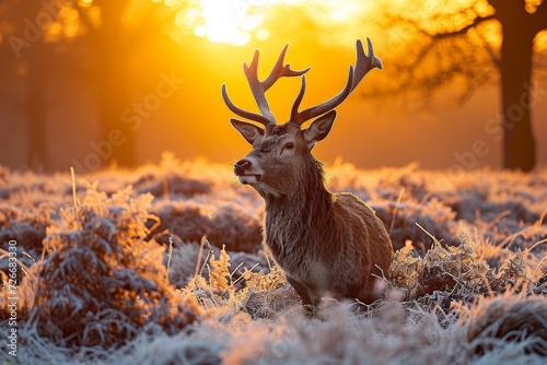 A majestic buck stands in a snowy field at sunset  its antlers silhouetted against the golden sun as it blends into the winter landscape  embodying the beauty and resilience of nature
