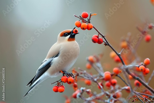 Amidst the winter's cold embrace, a vibrant cedar waxwing delicately perches on a twig, feasting on the succulent berries that adorn the branch photo