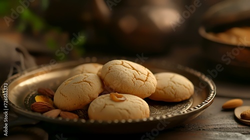 Almond butter cookies in vintage plate on wooden table, closeup photo