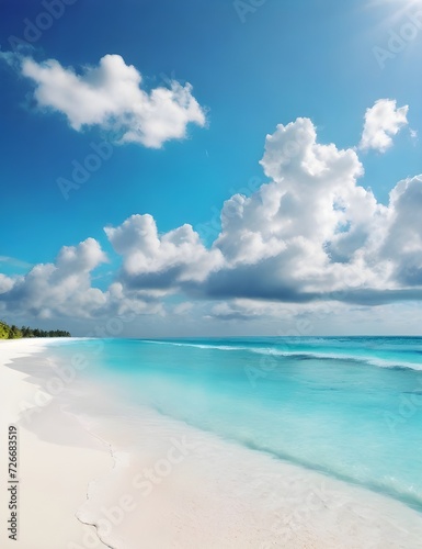 Beautiful sandy beach with white sand and rolling calm wave of turquoise ocean on Sunny day on background white clouds in blue sky Generative AI