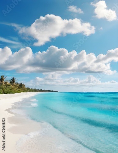 Beautiful sandy beach with white sand and rolling calm wave of turquoise ocean on Sunny day on background white clouds in blue sky Generative AI © Jamshed