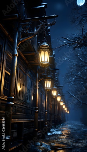 Night city street in a foggy winter night with lanterns.