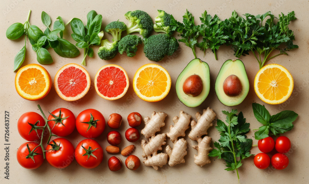 Knollng composition of various fresh fruits and vegetables. Top view Knollng composition of various fresh fruits and vegetables. Top view
