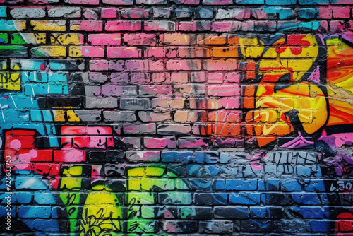 A graffiti-covered urban brick wall  showcasing vibrant street art and textures