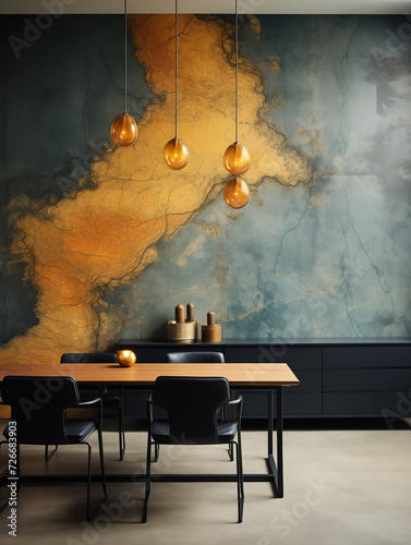 Interior or a stylish room with a wooden table and abstract orange texture on the grungy wall. Artistic home, modern interior design. Brass decorations, round glass pendant lamps.