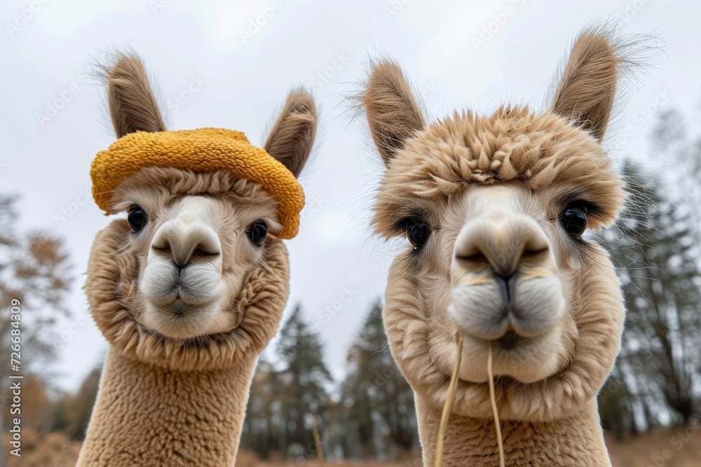 Two furry camelids, adorned with colorful hats, stand proudly in the great outdoors, showcasing the beauty and uniqueness of these majestic terrestrial animals