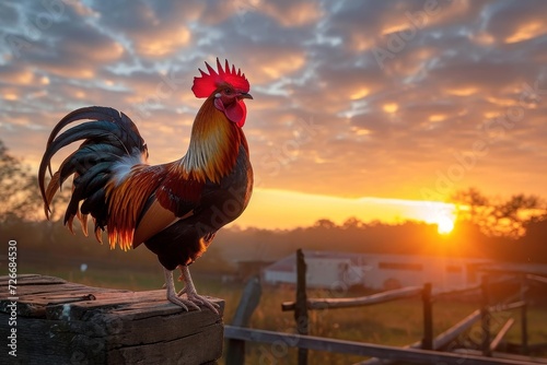 A majestic rooster perches atop a rustic wooden post, proudly displaying his vibrant red feathers against the backdrop of a breathtaking sunrise photo