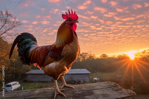 A majestic rooster proudly perches on a fence, its vibrant red feathers shining in the golden light of the sunrise, as it surveys its jungle fowl kingdom with a regal comb and beak photo