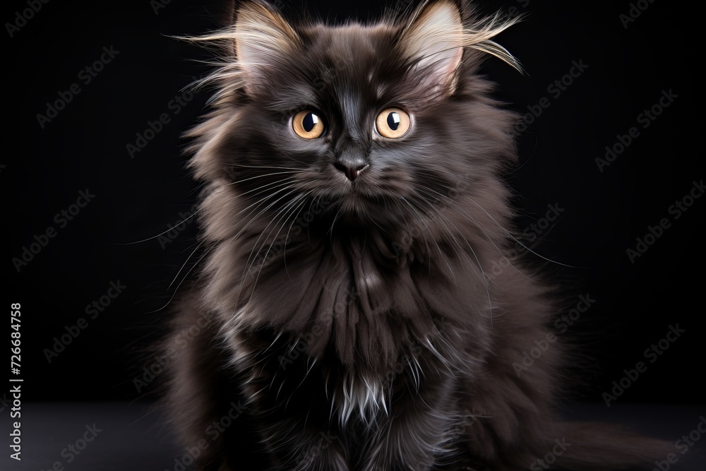 Mysterious black cat with piercing eyes on sleek dark background for captivating ambiance