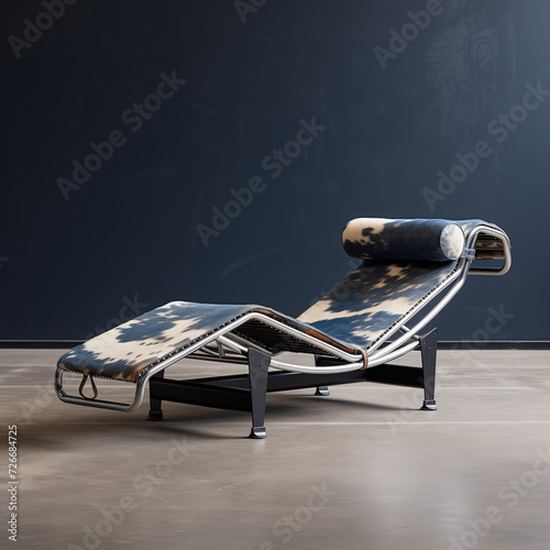Comfortable chaise-longue chair with cowhide leather design. Modern lounge chair in retro style, in a room with dark wall. Stylish ergonomic furniture, comfy recliner.