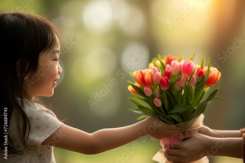 A child is giving a bouqet of flowers to mother, international women's day
