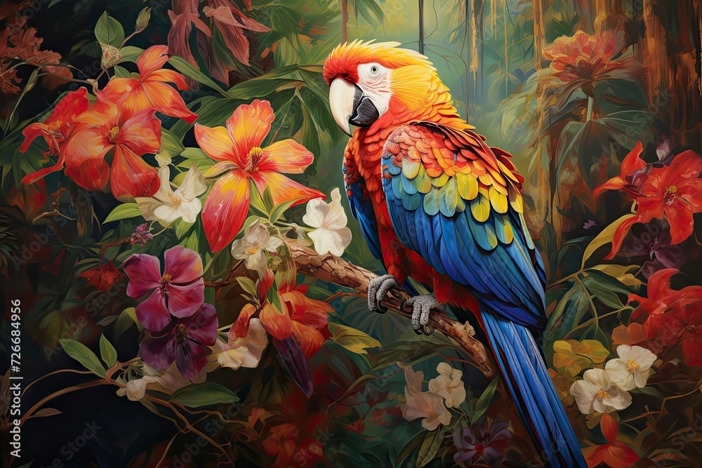 Colorful tropical foliage providing a natural frame for parrot in native habitat